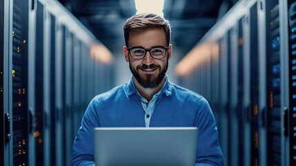 Fototapeta premium Focused IT Technician Working in Data Center