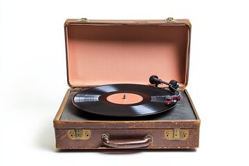 An antique suitcase turntable playing a vinyl record, offering a blend of portability and vintage style. Set against a white backdrop to emphasize the detailed design.