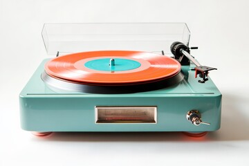 Obraz premium A stylish retro record player in teal with a clear cover, spinning a bright vinyl record. Ideal for collectors who love vintage aesthetics and quality sound.