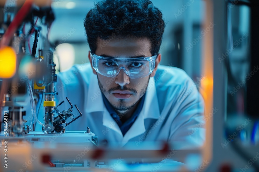 Poster A dedicated scientist engages with advanced robotics in a high-tech lab environment, showcasing the intricacies of modern scientific equipment and technology, with a focus on precision.