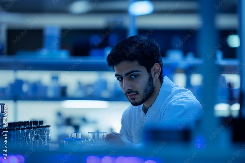 Aufkleber a young technician immersed in his work in a well-equipped laboratory during late hours. the focus i