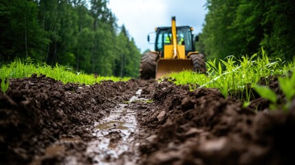 Tractor working on muddy field with fresh green grass and trees in the background.