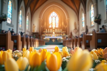 Colorful tulips inside a church with sunlight through stained glass windows