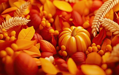 Vibrant autumn foliage with orange leaves, a golden pumpkin, and decorative berries, creating a festive seasonal atmosphere.