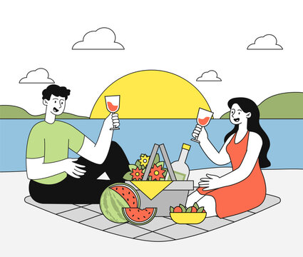 picnic couple toasting wine by the sea clip art preview