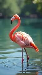 Fototapeta premium Flamingo bird walks on a beautiful lake. wallpaper for your phone