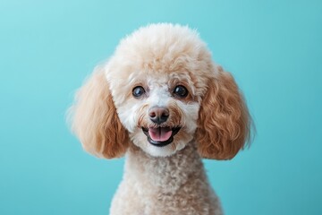 Smiling poodle with curly fur against a blue background