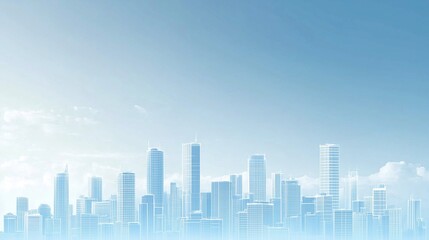 Fototapeta premium A light and airy background featuring urban skyline outlined in glowing white against a soft sky-blue backdrop. Use for presentation, slide show, slide for brochure, marketing, leaflet, advertising, 