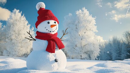 Obraz premium Snowman with Red Hat and Scarf in Snowy Winter Scene