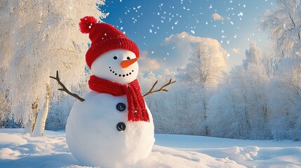 Obraz premium Snowman with Red Hat and Scarf in Snowy Winter Scene