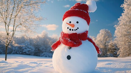 Obraz premium Snowman with Red Hat and Scarf in Snowy Winter Scene