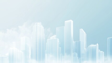Obraz premium A light and airy background featuring urban skyline outlined in glowing white against a soft sky-blue backdrop. Use for presentation, slide show, slide for brochure, marketing, leaflet, advertising, 