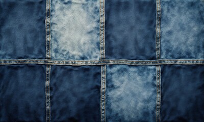 Naklejka premium Textured denim fabric with patchwork pattern in blue tones, patched denim texture