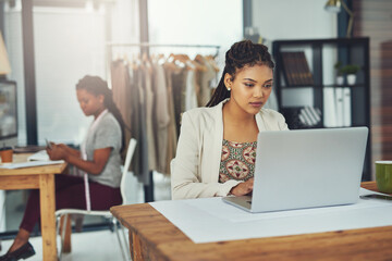 African woman, laptop and plan for fashion business, project and website to upload clothing product. Female person, designer and online trade for company, blog and email clients with order in office