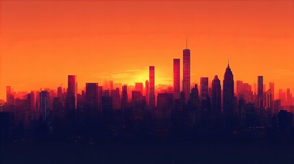 Fototapeta premium Modern cityscape skyline with a stunning sunset and silhouette of buildings reflecting the evening sky new beautiful stock image illustration AI