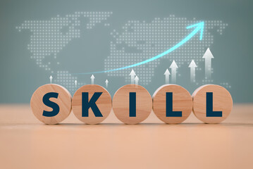 Skill competency development concept. Leadership thinking upskill. Wooden with soft skill digital icon on world map background. Education learning talent, up new ability training technology evolution
