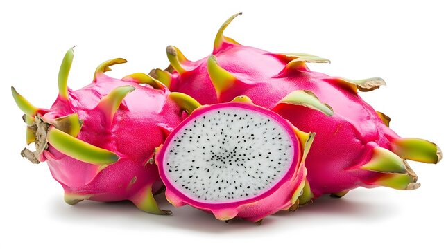 Realistic close-up of ripe dragon fruit on a white background, highlighting its vibrant pink skin and speckled white flesh