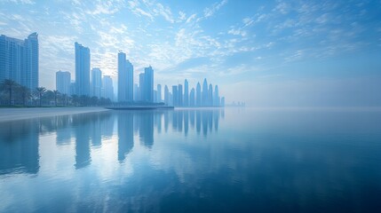 Fototapeta premium Breathtaking modern cityscape skyline with towering skyscrapers reflecting on calm sea horizon under a clear blue sky new beautiful stock image illustration AI