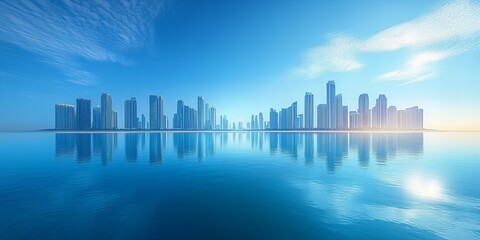 Fototapeta premium Breathtaking modern cityscape skyline with towering skyscrapers reflecting on calm sea horizon under a clear blue sky new beautiful stock image illustration AI