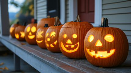 A row of pumpkins on a porch, each carved with symbols representing different emotions.