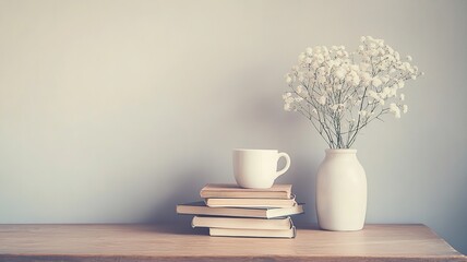 A cup of coffee placed on a stack of books with a minimalist vase beside it, arranged on a table, leaving ample space for text. Ideal for cozy or inspirational content