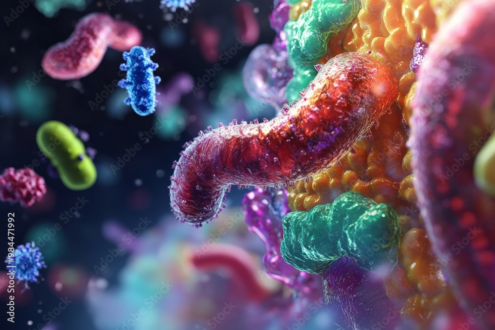 Poster close-up of microscopic bacteria of different colors showing vibrant interaction, representing vario