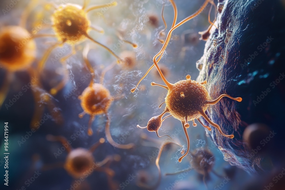 Poster image of orange-colored microscopic cells with tendrils actively interacting with a surface, illustr