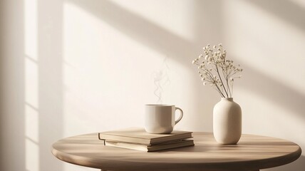 A cup of coffee placed on a stack of books with a minimalist vase beside it, arranged on a table, leaving ample space for text. Ideal for cozy or inspirational content