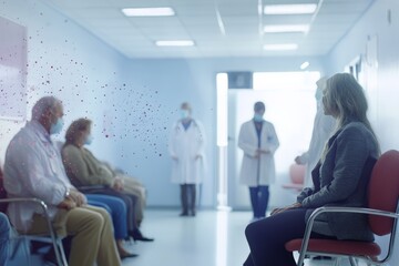 A hospital waiting room filled with airborne particles, demonstrating the potential for disease transmission in medical facilities and the critical need for health safety measures.