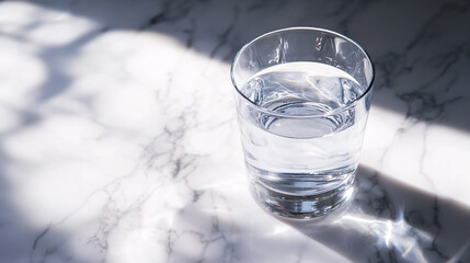 Pure water in the glass is on the table.
