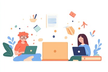 Two women work together on laptops in a creative environment with floating office supplies and plants around them.