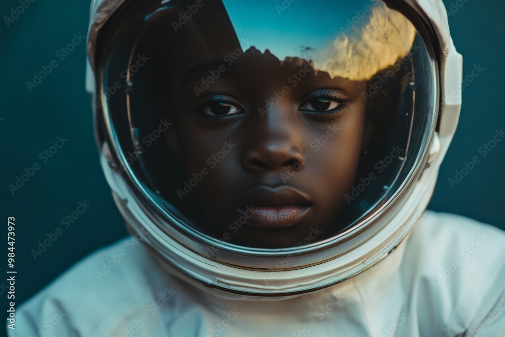 Poster a young child in a space suit helmet looks determinedly forward, embodying dreams and aspirations fo