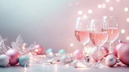 Three elegant glasses filled with pink champagne stand next to shimmering decorations and garlands. Festive atmosphere for the holidays with copy space