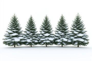 Fototapeta premium A row of evergreen trees covered in snow. The trees are tall and slender, with their branches reaching out in all directions. The snow on the trees creates a serene and peaceful atmosphere