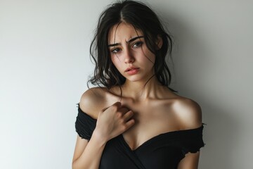Naklejka premium In a slightly disheveled state, a young woman gazes with somber eyes, presenting a mood of sadness and vulnerability in this contemporary photograph.