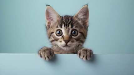 Adorable Playful Kitten Curious Bright Blue Background Cute Expression. AI Generated
