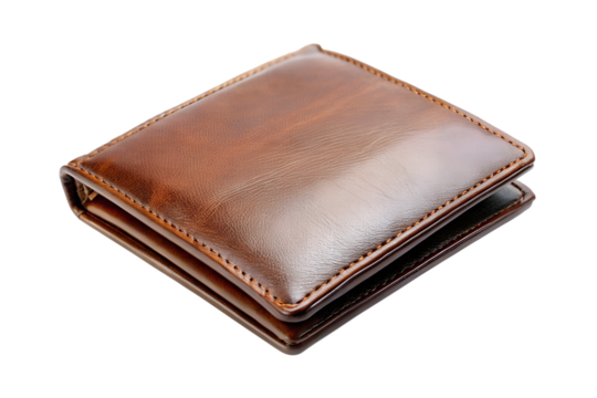 Brown leather wallet closed and folded isolated on transparent background