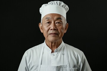 An elderly chef wearing a white hat and coat stands against a dark background, looking confidently at the camera, embodying experience and culinary mastery.