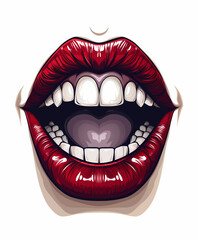 Bold illustration of a wide-open mouth with glossy red lips
