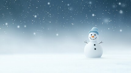 Obraz premium A snowman with a blue hat stands in the snow. The snow is falling and the sky is blue