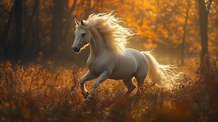 White horse running through a golden field, with its mane and tail flowing in the wind, bathed in the warm light of the setting sun.