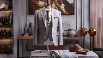 Elegant Grey Suit and Brown Oxfords in a Modern Boutique Setting