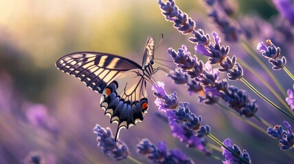 Butterfly perched on vibrant purple lavender flowers in sunlit garden