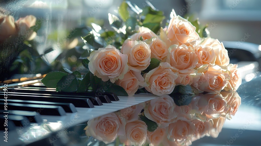 Canvas Prints   A bouquet of pink roses atop a piano with reflected piano keys in its surface