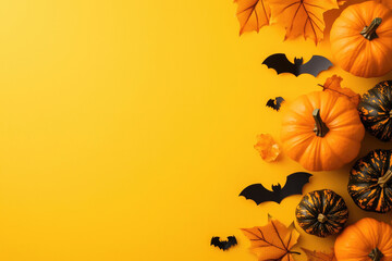 Halloween background with pumpkins, bats and leaves.