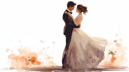 Delightful illustration captures a blissful moment as a happy bride and groom embrace, radiating warmth and love, symbolizing the joy and connection on their special day.
