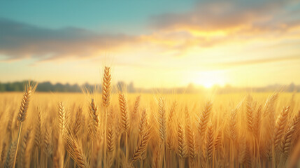 Obraz premium Golden wheat field at sunset, showcasing beauty of nature and agriculture. warm light creates serene atmosphere, perfect for capturing essence of rural life.