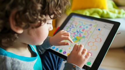 A child engages with a colorful educational app on a tablet.