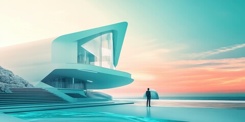 Obraz premium A modern architectural marvel by the shore, featuring sleek lines and a vibrant sunset, perfect for inspiration and design themes.