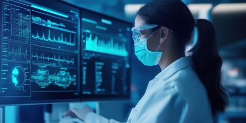 A scientist analyzes data on a futuristic touchscreen display while wearing protective gear in a modern lab environment.
